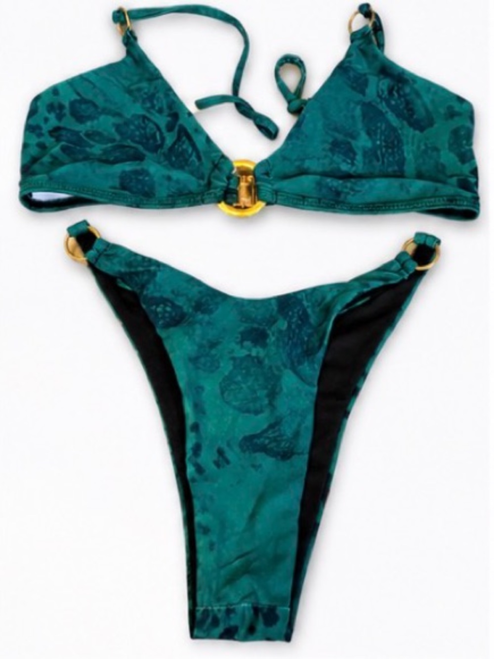 Matte Collection - Green Women's Two-Piece Bikini with Gold Ring Accents